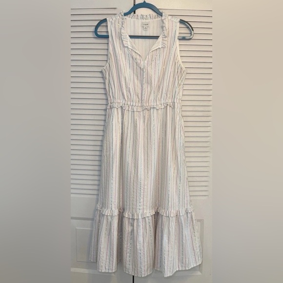 J. Crew Womens Dress Sz 6 Sleeveless Tiered Midi Metallic Striped Ruffled Zip - Picture 4 of 13